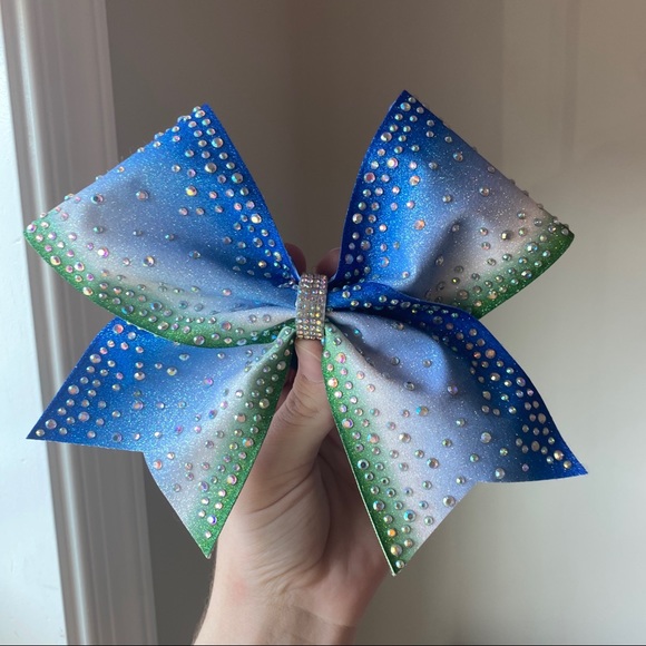 Sparkly Cheer Competition Bow (Green/Blue/White) - Picture 1 of 2